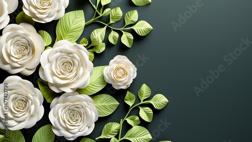 Elegant paper roses and green leaves on a dark teal background floral design