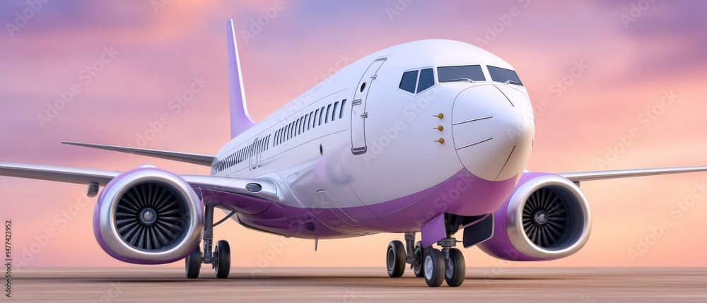 Captivating view of a sleek modern airplane with purple accents parked on an airfield against a stunning sunset sky evoking travel excitement and a sense of adventure Captivating view of a sleek modern airplane with purple accents parked on an airfield against a stunning sunset sky evoking travel excitement and a sense of adventure