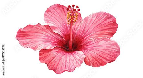 A Vibrant Watercolor Painting Depicts A Single Hibiscus Calyx Showcasing Delicate Pink Petals With Detailed Venation Vibrant Red Stamen And A Yellow Pistil Against A Clean White