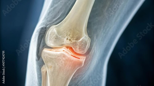 A detailed medical illustration of a human knee joint showing inflammation and cartilage damage.