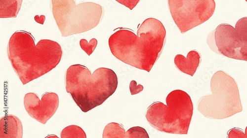 A pattern of various watercolor hearts in shades of red on a white background.