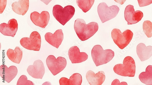 A pattern of various watercolor hearts in shades of red on a white background.