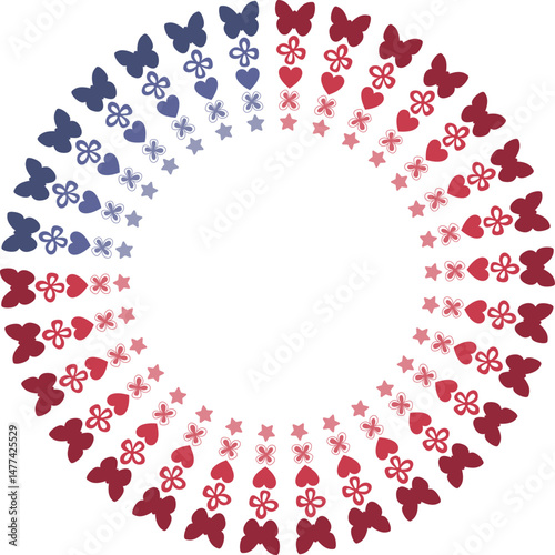 Decorative patriotic round frame, USA flag border, 4th of july wreath with American flag and hearts, flowers and butterfly