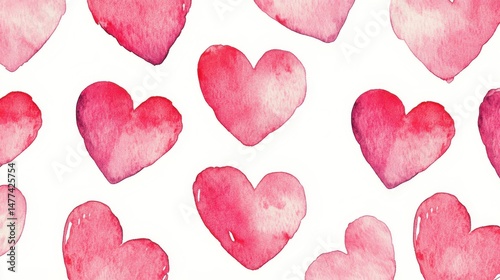 A pattern of various watercolor hearts in shades of red on a white background.