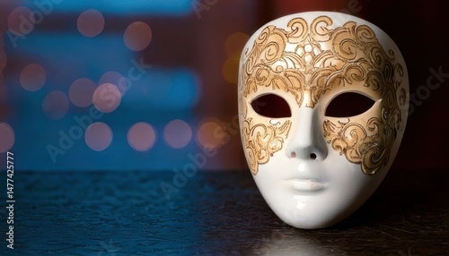 Elegant white masquerade mask with gold detailing rests on a dark surface, with blurred bokeh lights in the background.