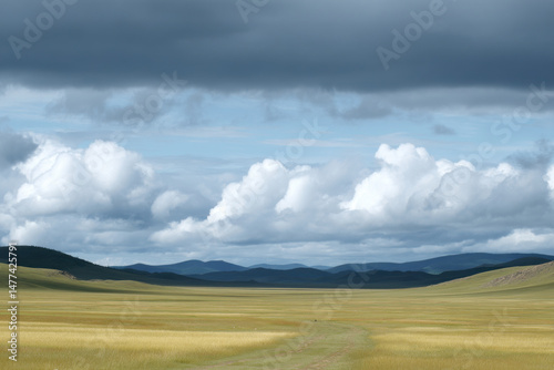 vast steppe grassland in kazakhstan under dramatic storm clouds showcasing natural symmetry
