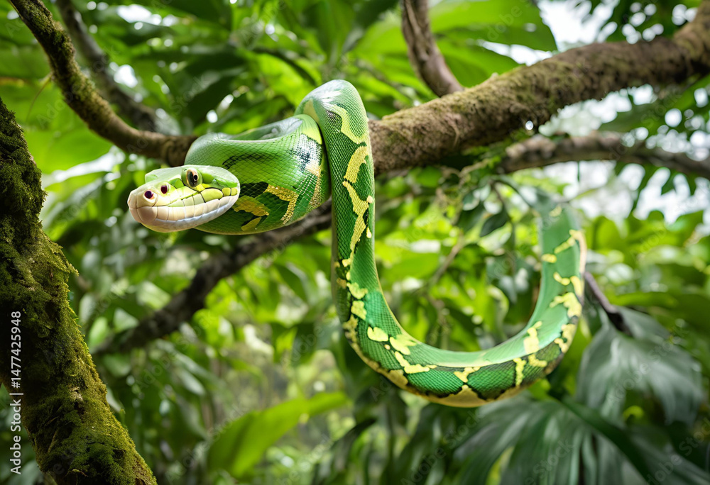 Naklejka premium Green tree python snake on branch reptile wildlife nature animal exotic rainforest view