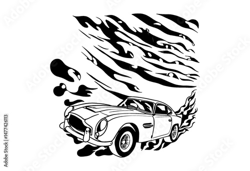 Classic car drawing vector illustration vintage automobile design with flame effects
