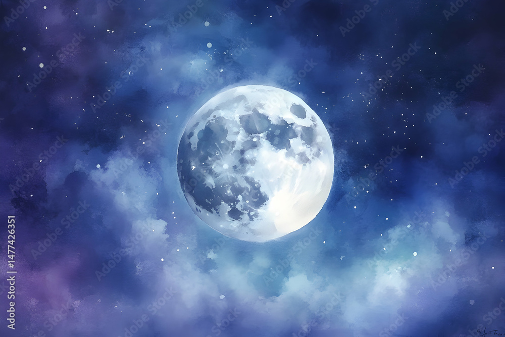 Naklejka premium Beautiful Night Sky with Full Moon and Starry Background Art