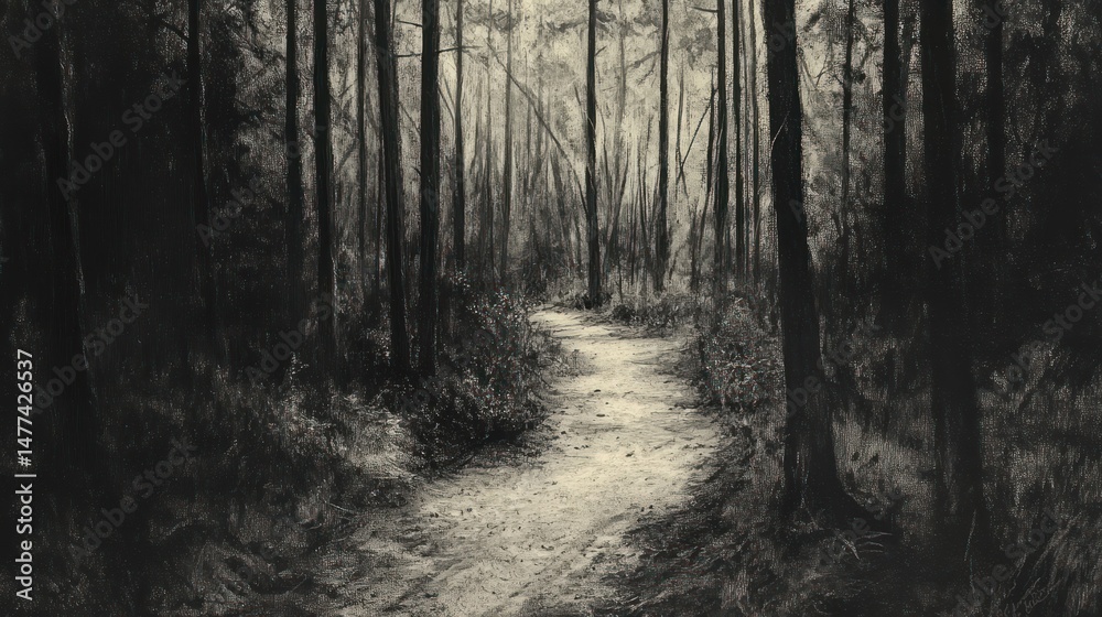 Obraz premium Monochromatic forest path winding through dense trees