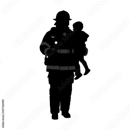 Vector silhouette of a firefighter holding a small child