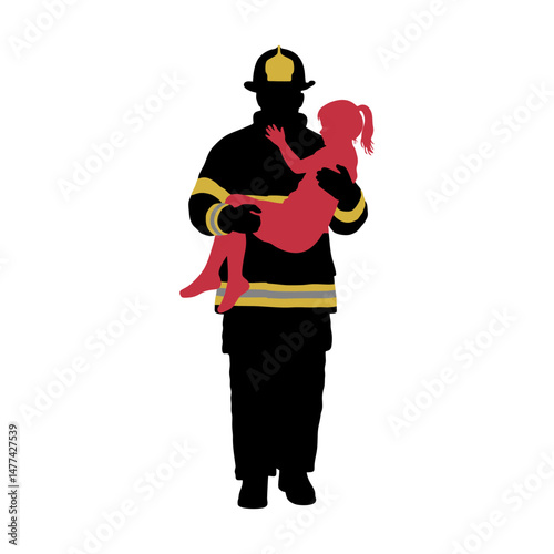 Vector silhouette of a firefighter holding a small child