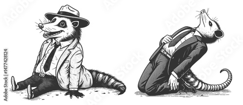 Opossums Dressed in Suits with Comedic Expressions Set collection bundle sketch engraving generative ai vector illustration. Scratch board imitation. Black and white image.