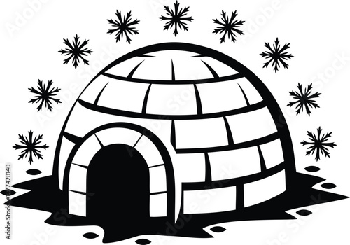 Modern igloo surrounded by snowflake silhouette vector illustration, igloo surrounded by snowflake line art vector, igloo surrounded by snowflake vector icon