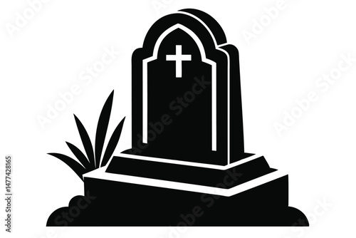 Black Tombstone with Cross Symbol and Grass Graphic Illustration Memorial Design