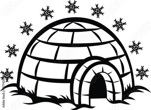 Modern igloo surrounded by snowflake silhouette vector illustration, igloo surrounded by snowflake line art vector, igloo surrounded by snowflake vector icon