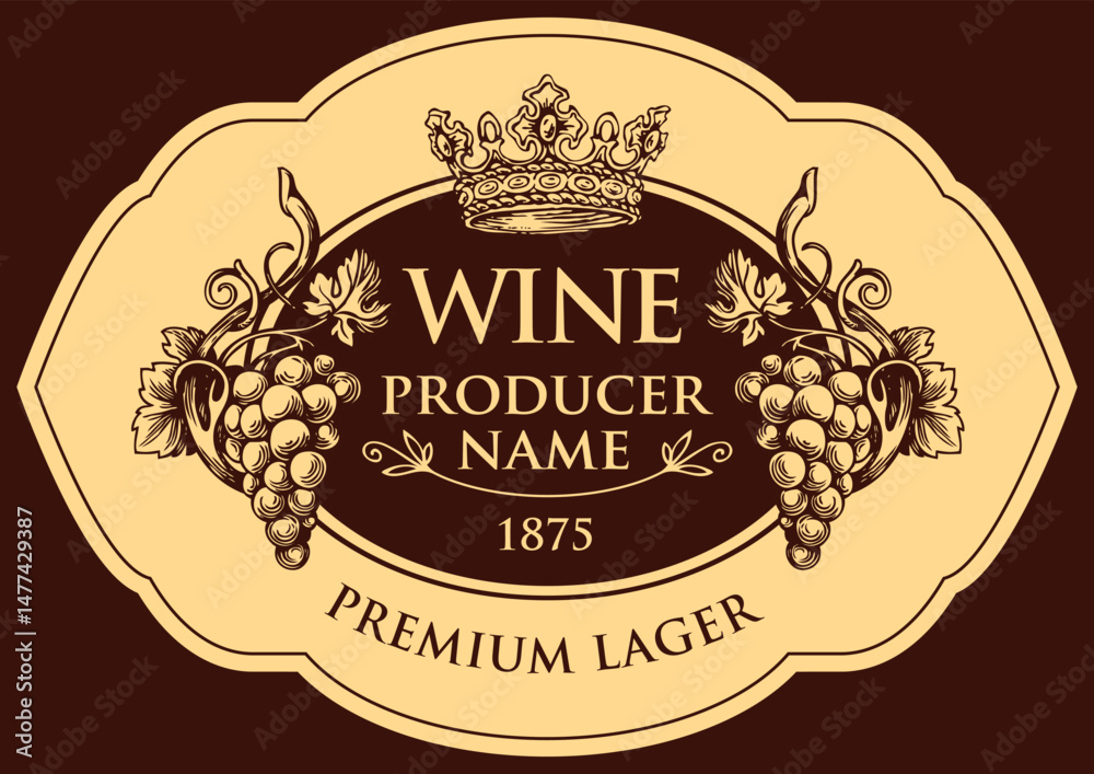 Vector wine labels with hand-drawn bunches of grapes, crowns and calligraphic inscriptions in retro style in oval frames. No AI used