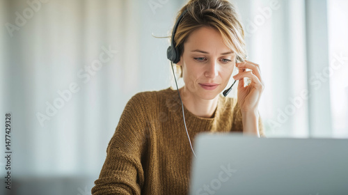 young woman working from home as a customer service representative, headphones on, laptop in front, minimalist home office background