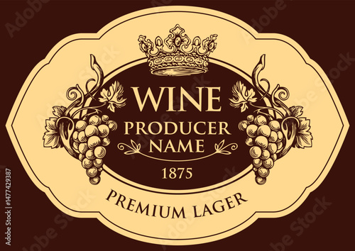 Vector wine labels with hand-drawn bunches of grapes, crowns and calligraphic inscriptions in retro style in oval frames. No AI used