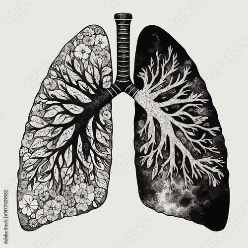 Artistic lungs illustration, nature-inspired design, floral and abstract style, dark and light contrast