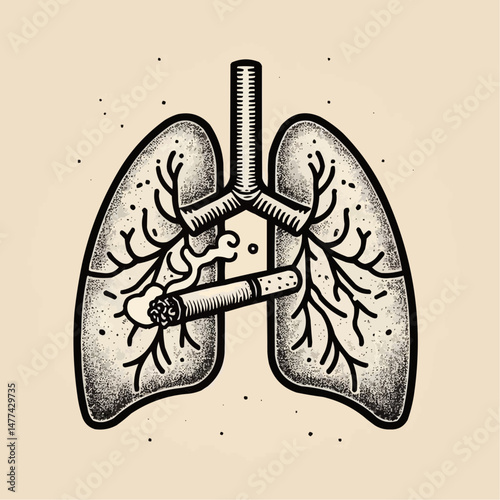 Damaged lungs with cigarette concept, artistic illustration, vintage style, health impact awareness
