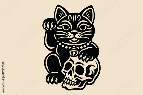 Lucky cat with skull beige background thick ink icon