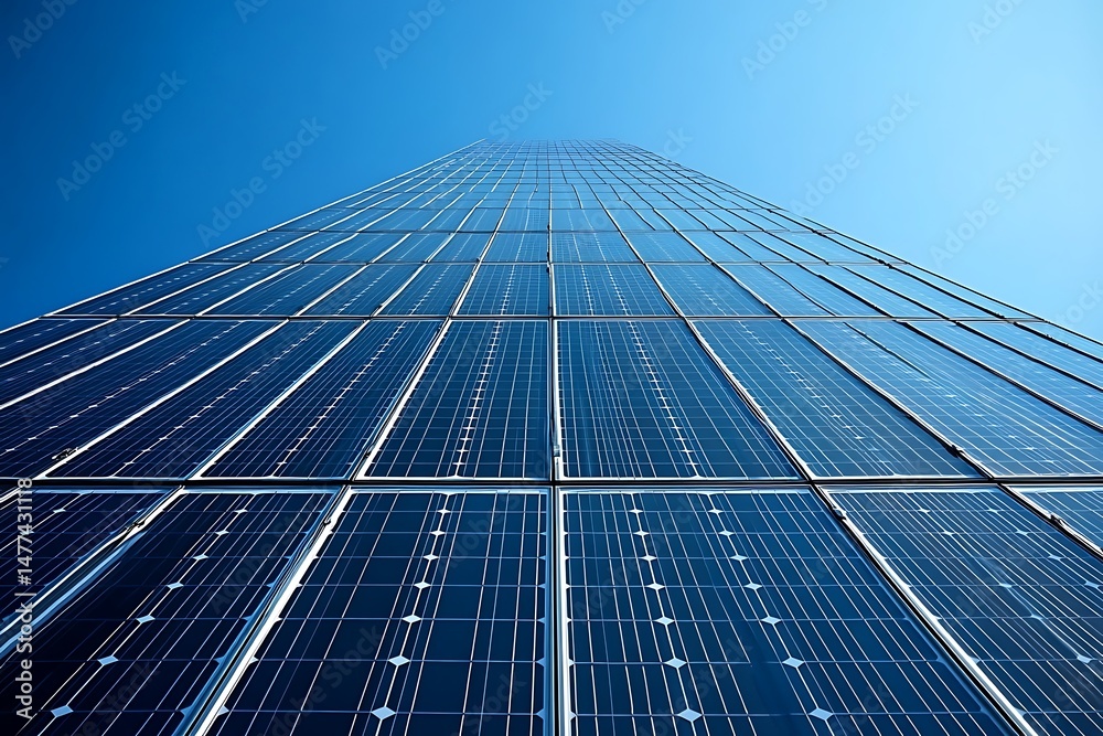 Fototapeta premium Modern skyscraper covered in solar panels for clean energy.