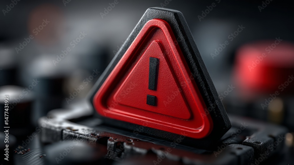 Obraz premium Warning Sign with Exclamation Mark on Control Panel in Dark Environment with Focused Depth