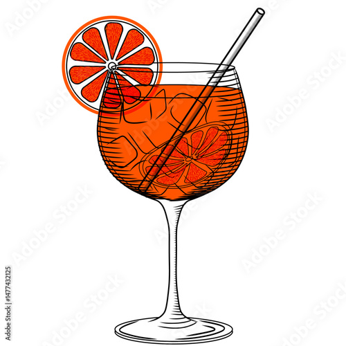 Spritz cocktail in glass vector color illustration in sketch style. Hand drawn linear drawing of refreshing orange drink with ice and straw. Color engraving for bar and menu.