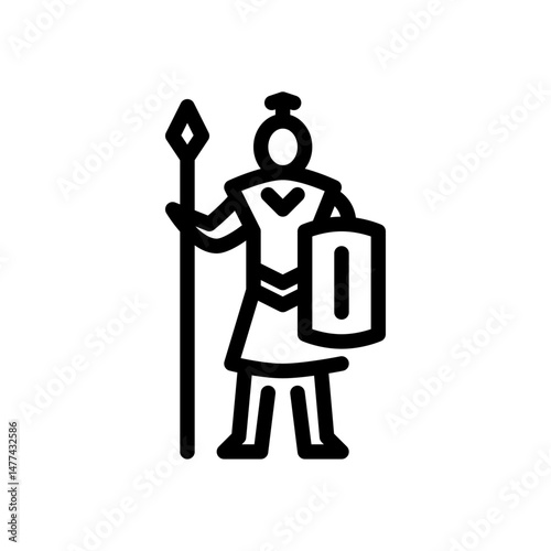 warrior holding sword and shield outline icon. knight figure line art illustration.