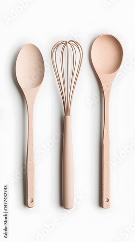 Pink Speckled Silicone Spoons and Whisk on White Background