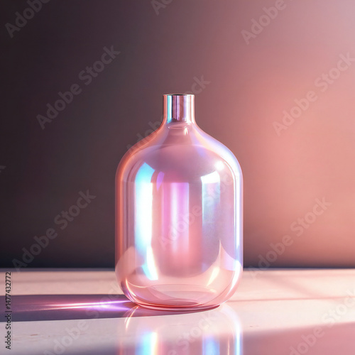An iridescent glass vase casts vibrant color on a reflective surface, embodying elegant design and minimalist style.