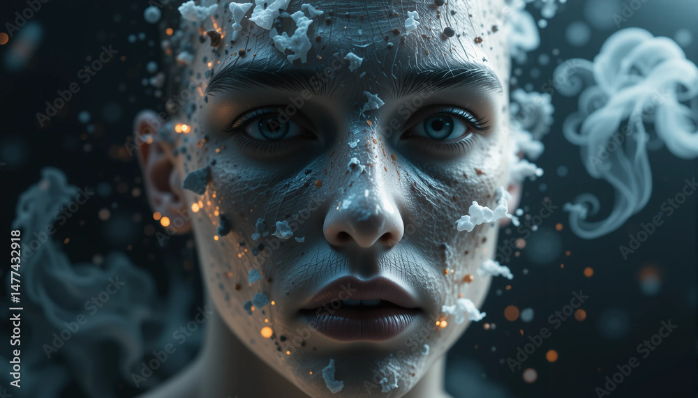 Artistic portrait of a person with smoke and fragmented skin, representing smoking effects Artistic portrait of a person with smoke and fragmented skin, representing smoking effects
