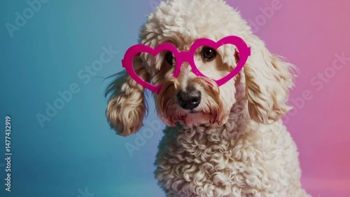 Charming poodle in pink heart glasses on vibrant background