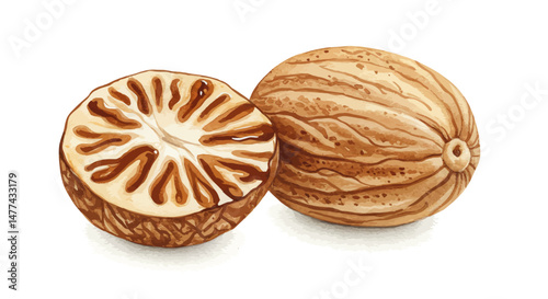 Watercolor Painting Showcases A Halved And A Whole Nutmeg Inviting Viewers To Explore The Spices Intricate Interior And Textured Surface The Artwork Evokes A Sense Of Natural Elegance