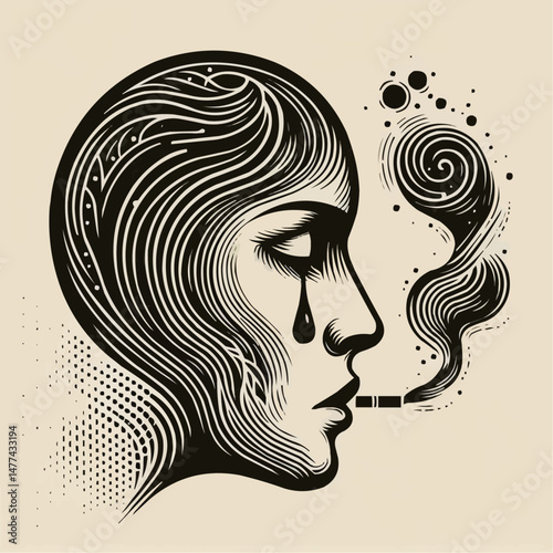 Artistic illustration of a woman smoking with a tear and smoke swirl 
