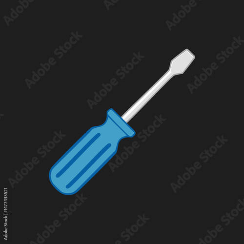 Flathead screwdriver with blue handle, Vector illustration of a hand tool used for turning slotted screws, isolated on dark background.