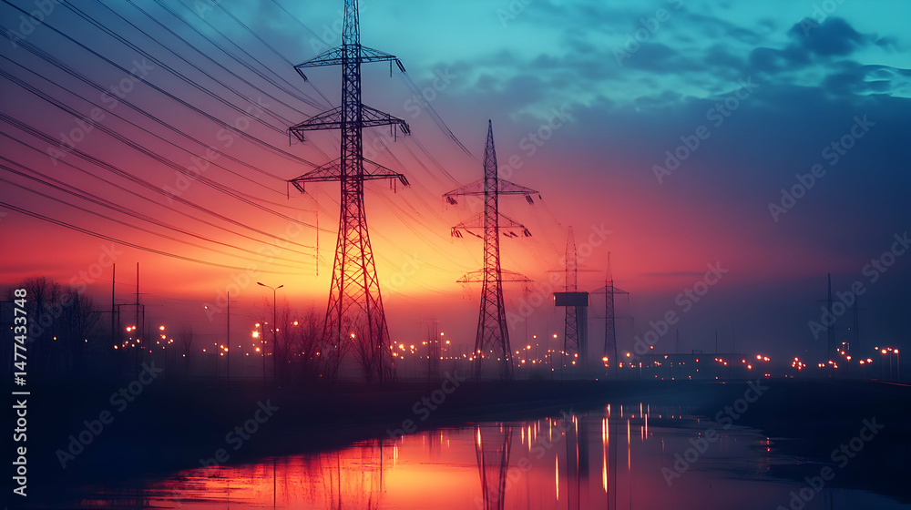 Fototapeta premium Electric Power Lines at Sunset with Vibrant Sky and Reflection