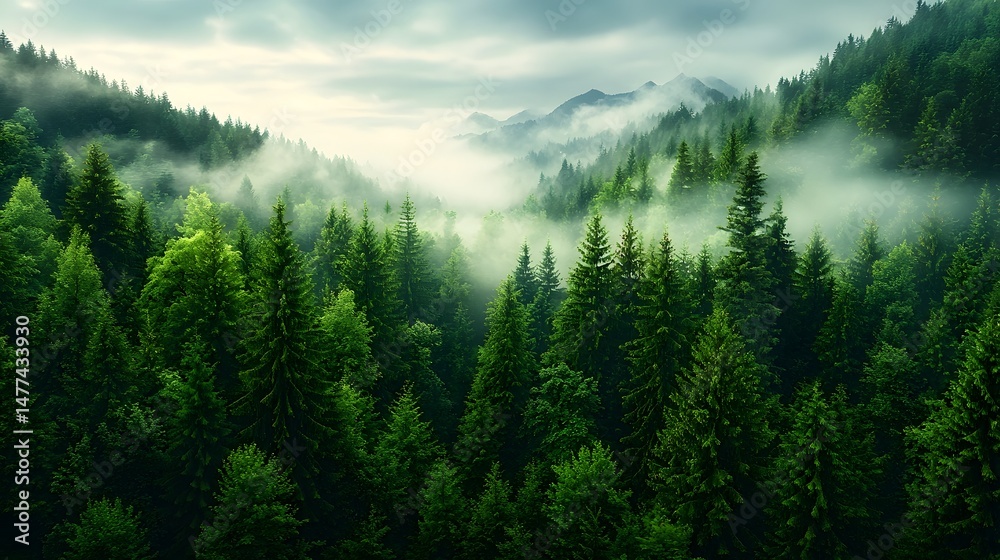 Fototapeta premium A breathtaking landscape of a serene mountain valley blanketed in a dense pine forest with soft sunlight filtering through the morning fog creating a captivating and peaceful atmosphere