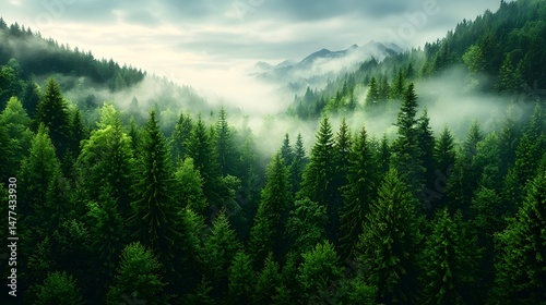 A breathtaking landscape of a serene mountain valley blanketed in a dense pine forest with soft sunlight filtering through the morning fog creating a captivating and peaceful atmosphere