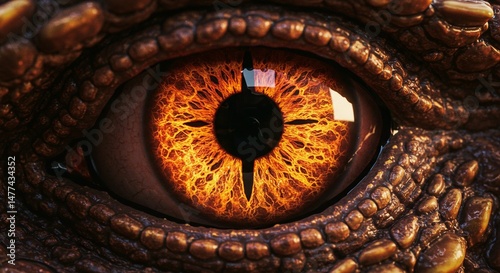 Close-up of a reptilian eye with an intense fiery orange iris and textured skin, capturing the raw power and mystique of the creature.