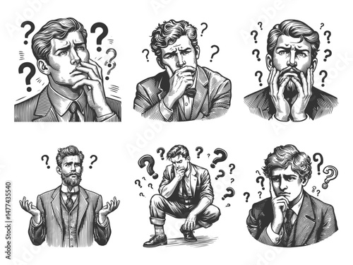 Businessman men with puzzled, uncertain, and thoughtful expressions, surrounded by question marks Set collection bundle sketch engraving generative ai vector. Scratch board. Black and white image.