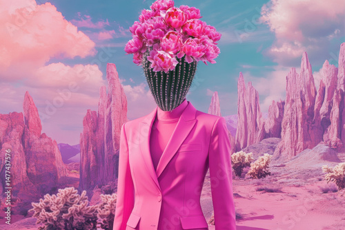 Businesswoman wearing pink suit with blooming cactus head in desert landscape