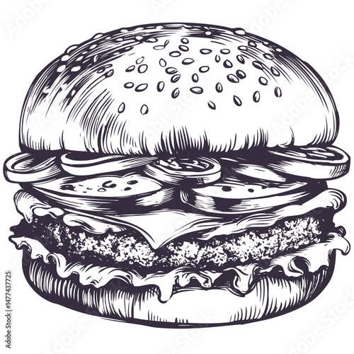 big burger, hamburger hand drawn vector illustration sketch retro style