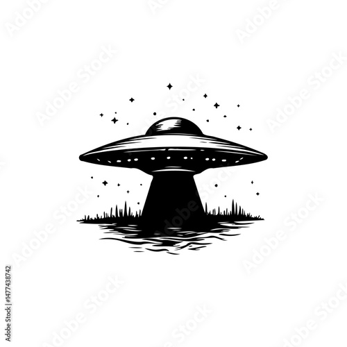 Monochrome silhouette of a UFO landing amidst celestial star particles