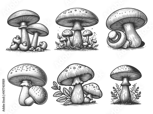 champignon mushrooms and fungi with textured caps and stems Set collection bundle sketch engraving generative ai vector illustration. Scratch board imitation. Black and white image.