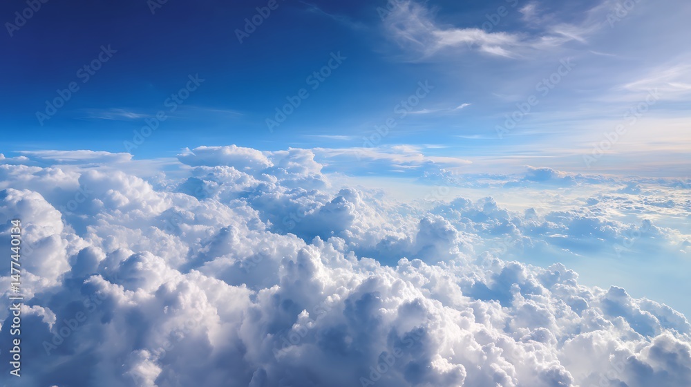 Fototapeta premium Wonderful view from the airplane window flying above the clouds cumulus clouds with blue sky in sunny day and soft sunlight in the afternoon nature background, creative banner, copyspace image
