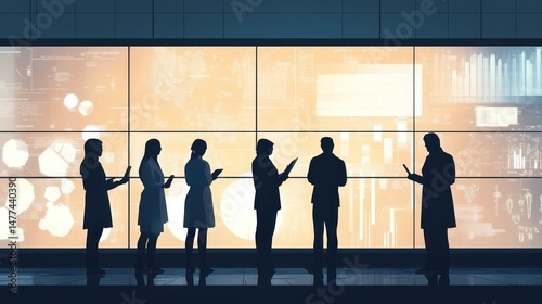 Silhouette group of professionals facing large screen display.