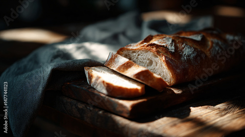 Sliced artisan gelt resting on a wooden cutting board in a kitchen