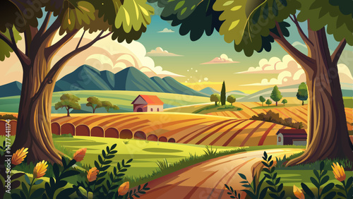 In the distance, the land rolls gently, bordered by a few trees that frame the field like a natural painting. This tranquil rural setting exudes warmth, abundance, and simplicity.